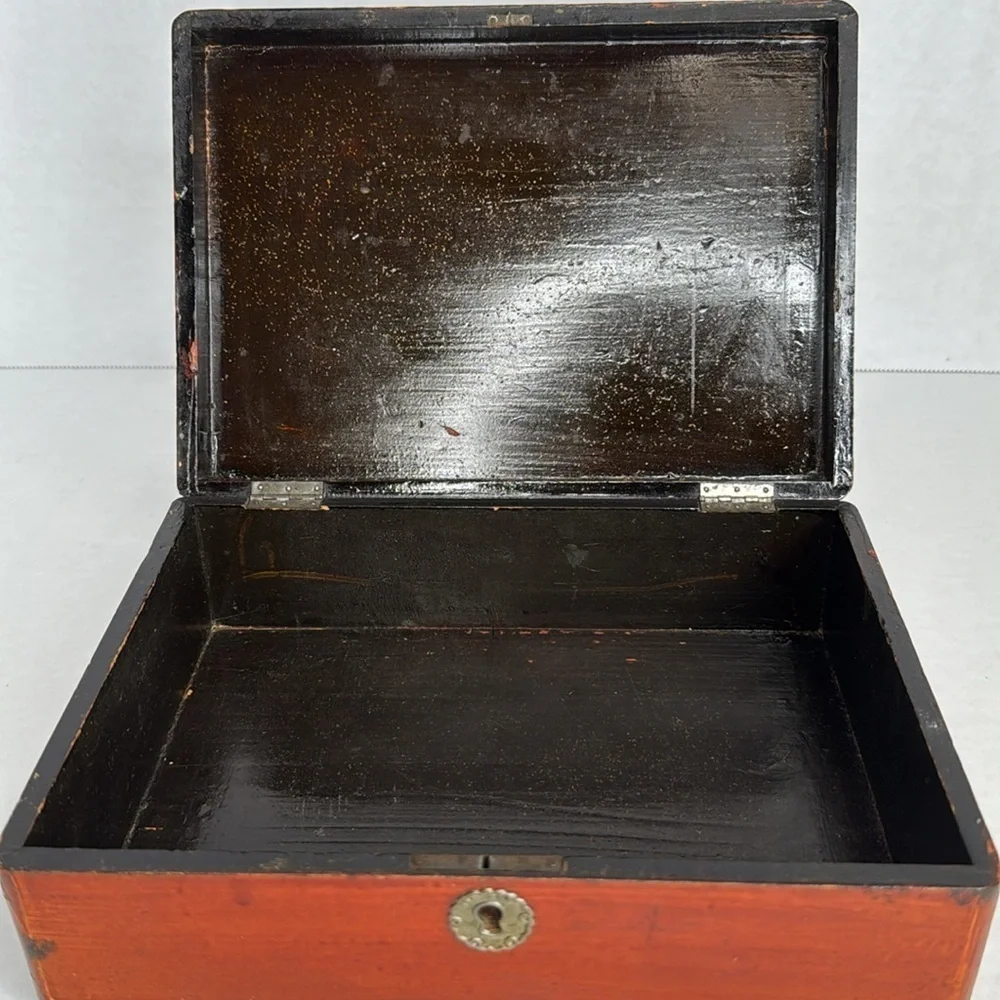 Antique Japanese Hand-Painted Cinnabar-Red Lacquered Box No Key